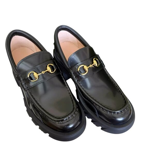 Gucci Women's Horsebit Lug Heels Black Leather Loafers sz 39.5 - Picture 1 of 8